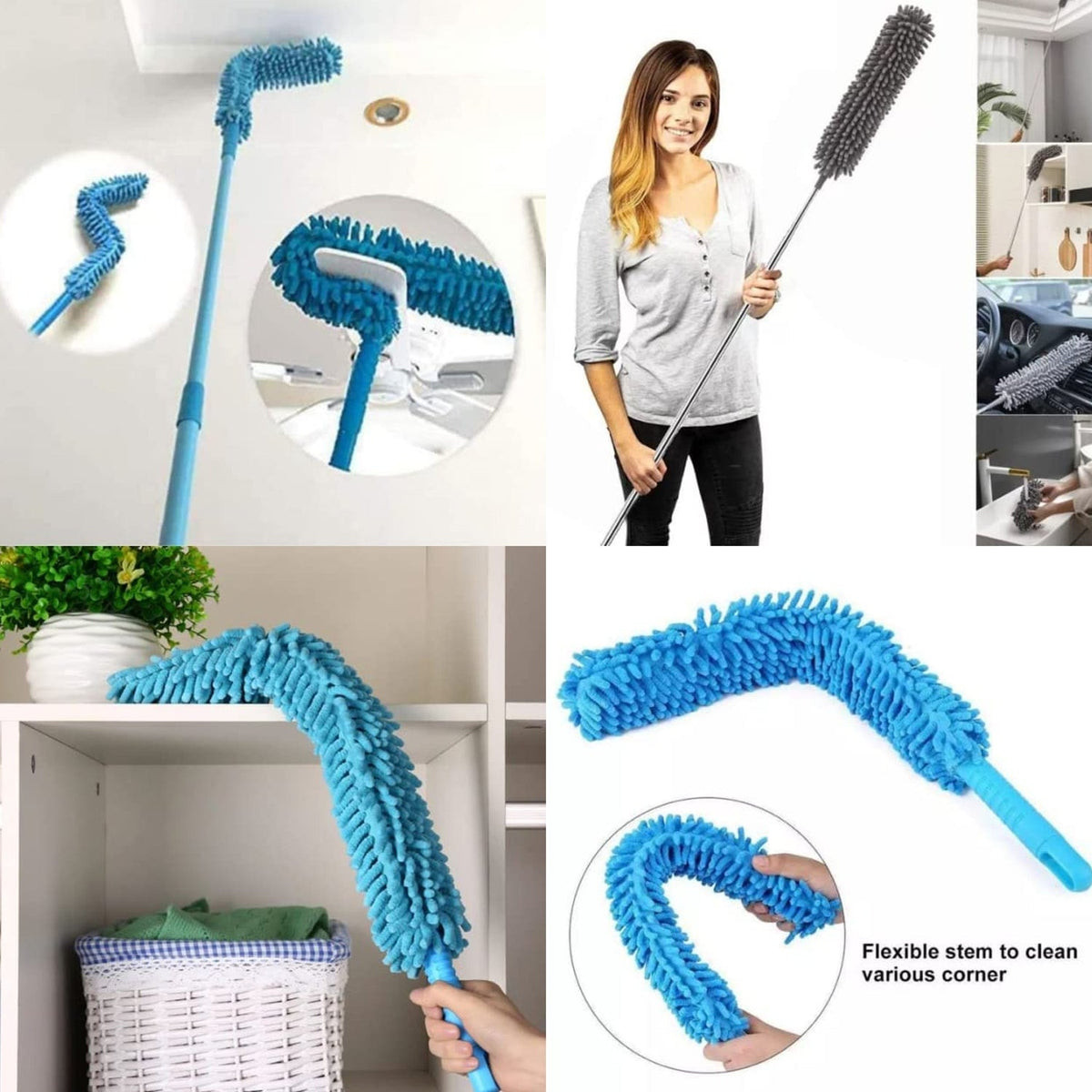 Adjustable dust brush cleaning a ceiling fan effectively.