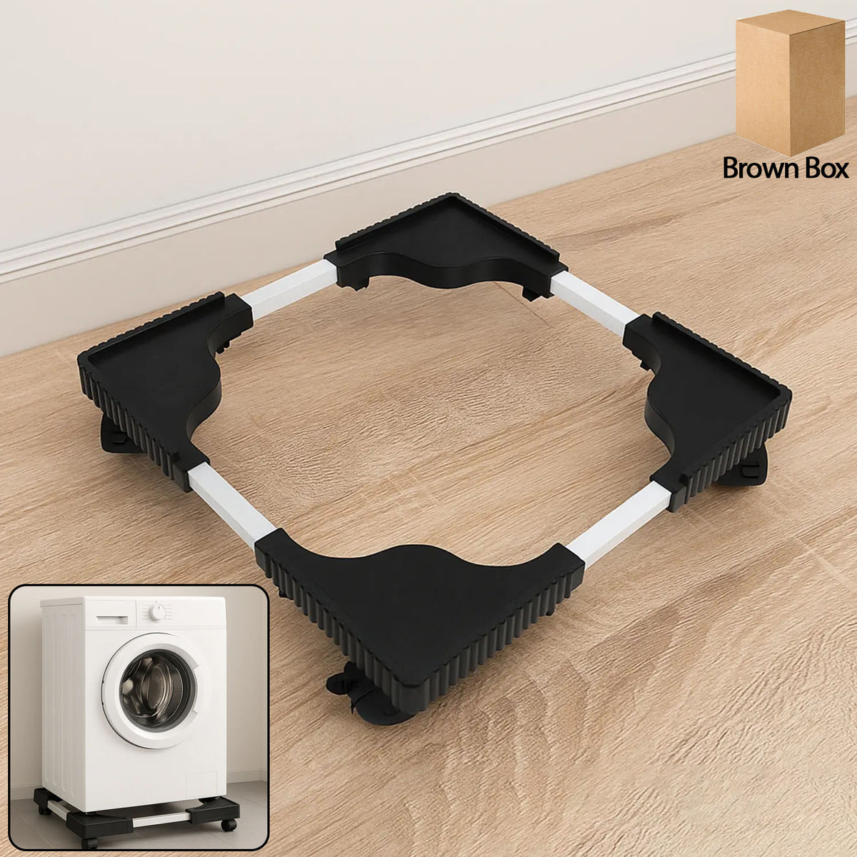 Adjustable washing machine stand with anti-vibration base supporting a heavy appliance