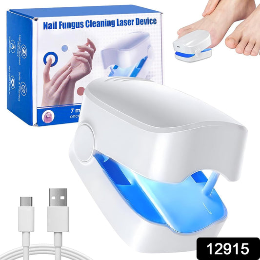 User applying the portable AuriGlam Nail Fungus Laser Treatment device to a toenail.