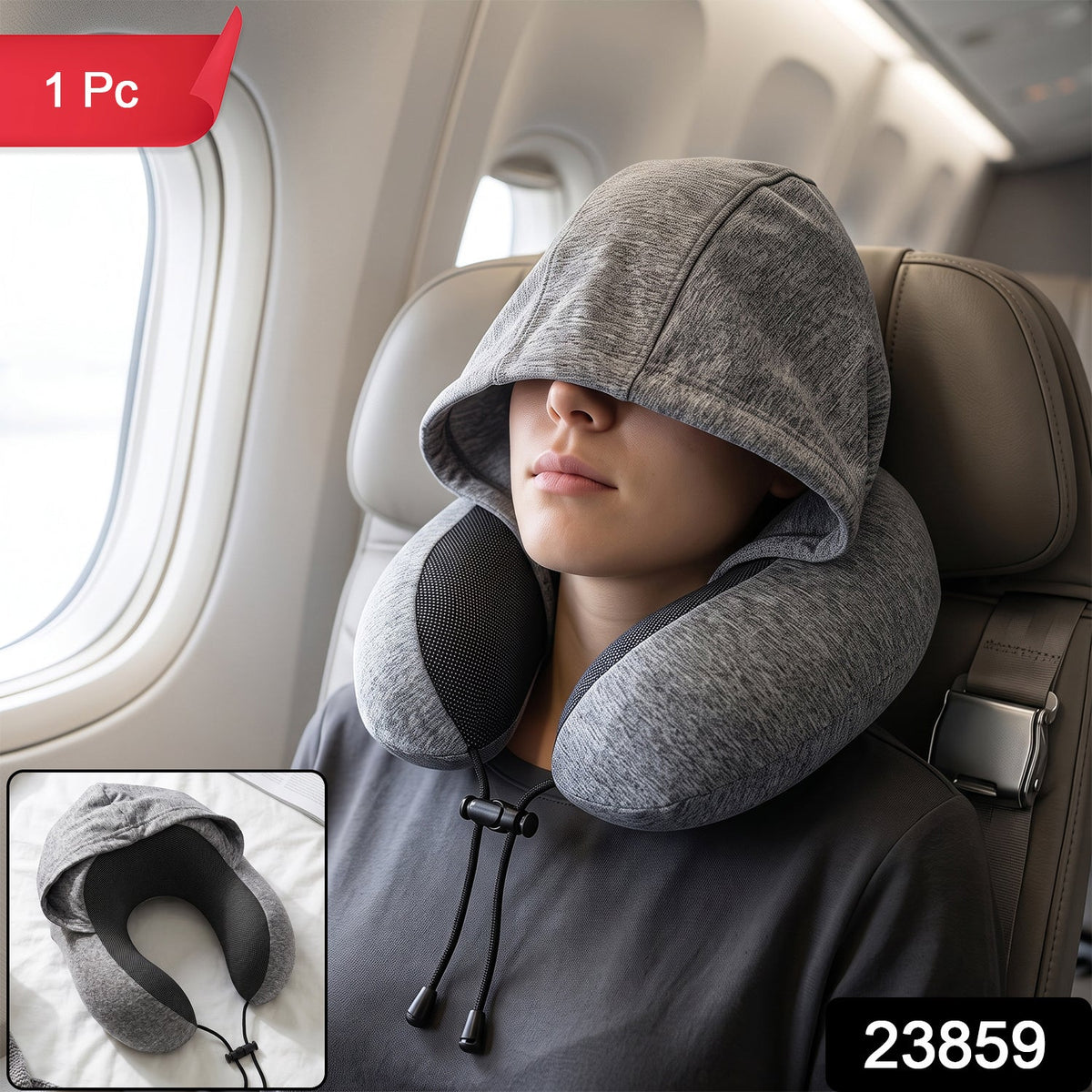Grey hooded travel neck pillow with drawstring hood for privacy